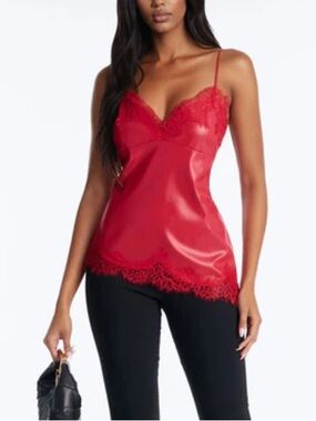 Red faux leather lace top